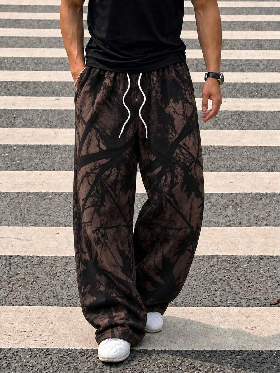 Zrgoth Men's Straight Leg Casual Pants, Black Maple Leaf Print Drawstring Casual Long Pants - Black - View 1
