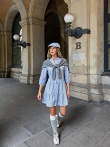 Women's Casual Blue Striped V-Neck Layered Ruffle Hem Mini Dress, Front Button Design, Puff Sleeves, Spring/Summer - Baby Blue - View 3