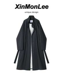 Premium Casual Elegant Stand Collar Trench Coat Solid Color Button-Up Jacket For College Office Daily Spring Autumn Vacation - Dark Grey - View 1