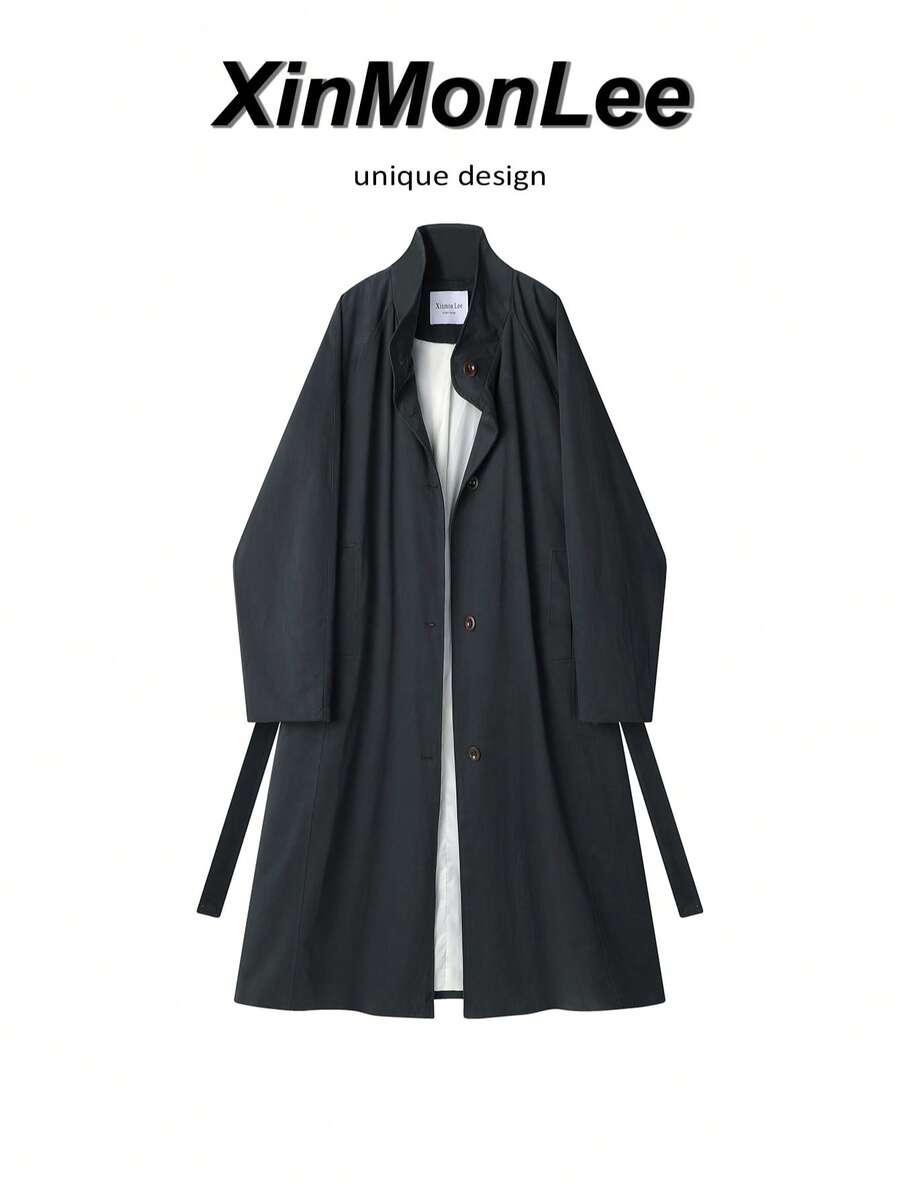 Premium Casual Elegant Stand Collar Trench Coat Solid Color Button-Up Jacket For College Office Daily Spring Autumn Vacation - Dark Grey - View 1