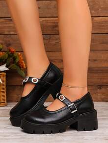 Black Thick Sole Mary Jane Loafers Women Round Toe Buckle Strap Academy Style Daily Versatile Leather Shoes - Black - View 4