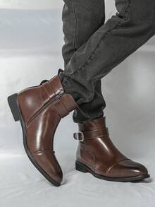 ZCZ Men Cap‑Toe Buckle Ankle Boots, Side Zip Pointed Toe Low Heel Vintage Business Casual Short Boots - Brown - View 1