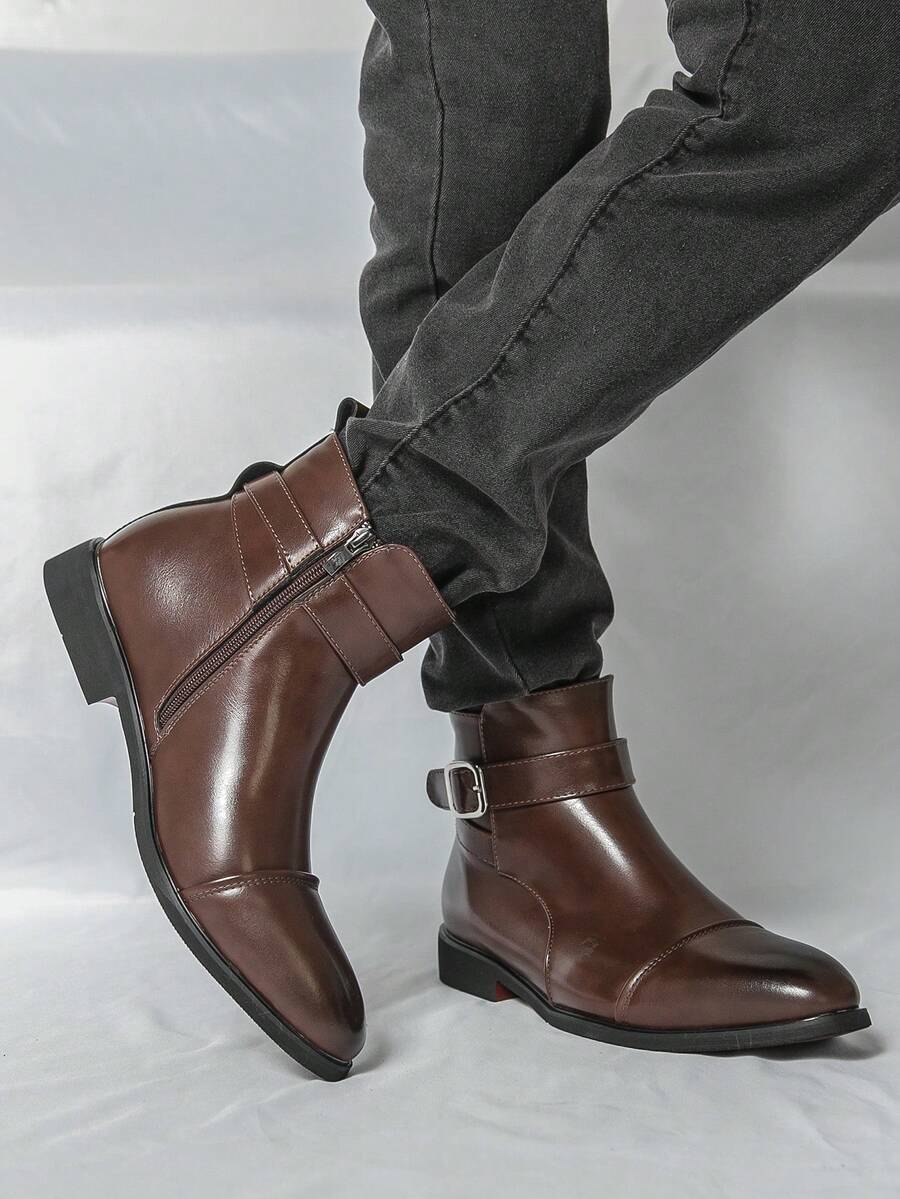 ZCZ Men Cap‑Toe Buckle Ankle Boots, Side Zip Pointed Toe Low Heel Vintage Business Casual Short Boots - Brown - View 1