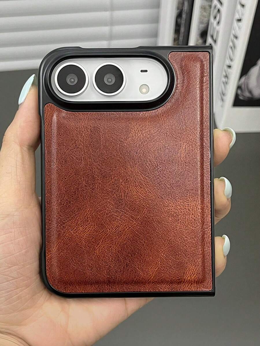 復古復古高級瘋馬皮手機殼,適用於 iPhone Duo Fold,全機身防震保護套,商務風格 - 棕色 - 查看 1