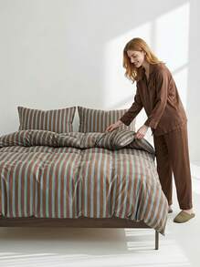 Veyra Day 3pcs Brown And Light Blue Striped Duvet Cover Set, Vintage Vertical Stripe Soft Cotton Breathable Bedding Set With 2 Shams (No Insert) - Blue coffee blue strip cotton - View 2