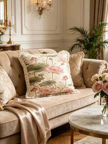 1PC French Elegant Printed Pillow Cover With Tassel Border, Double-Sided Decorative Pillowcase, Pink Lotus Design Pattern, Home Decoration, Sofa, Bed, Bedroom(Excluding Pillow Core)-Size Excludes 3cm Tassels - Multicolor - View 8