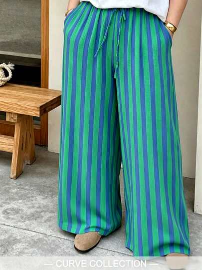 New Fashion Plus Size Women's Elegant Tie-Waist Striped Print Loose Casual Long Pants For Holiday, Date, Vacation, Daily, Birthday, Party, Straight Leg