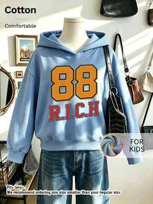 Kids Hooded Sweatshirt, 88 R.I.C.H Number Letter Graphic Print Thick Fleece Lined Pullover For Kids - Blue - View 1