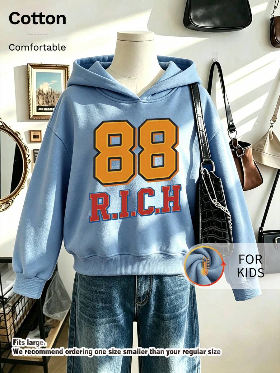 Kids Hooded Sweatshirt, 88 R.I.C.H Number Letter Graphic Print Thick Fleece Lined Pullover For Kids - Blue - View 1