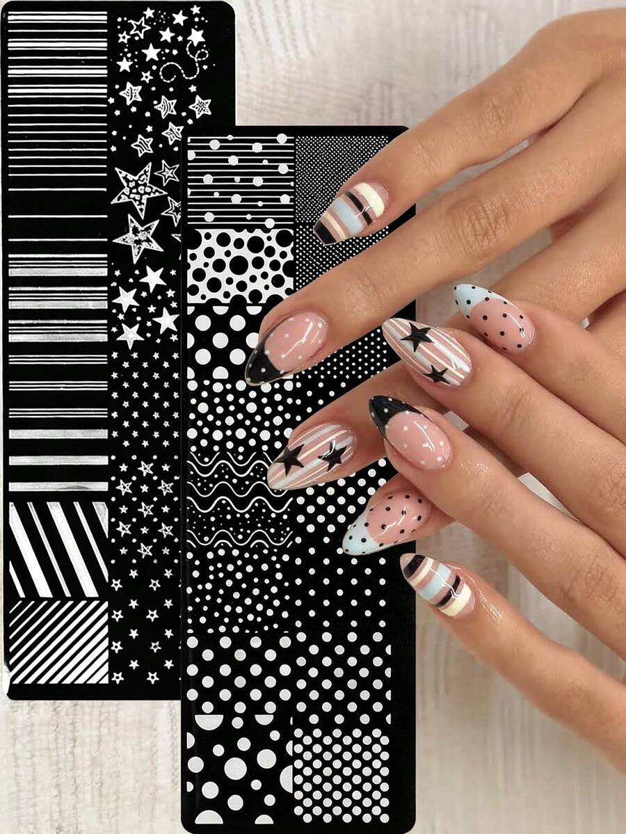 1 buah Plat Stempel Kuku Polka Dot & Garis Gelombang, Templat Stempel Seni Kuku Stainless Steel, Plat Transfer Kuku Pola Geometris Titik untuk Manikur DIY