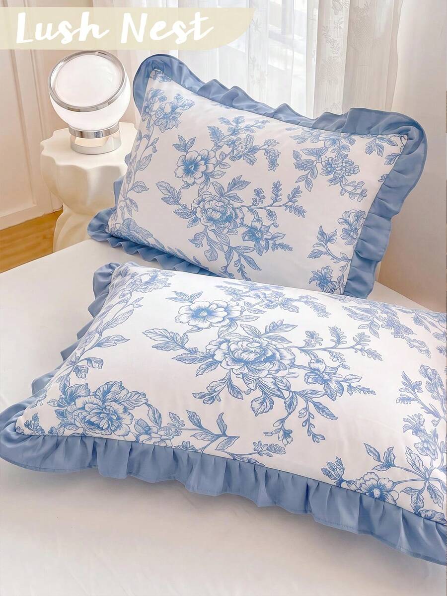 1/2pcs Blue Line-Drawn Flowers Ruffled Edge Pillowcase - Made Of Soft ...