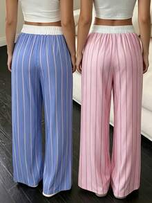 Nina Bonheur 2pcs Women's Striped Elastic Waist Wide Leg Pants Loungewear Set - Multicolor - View 6