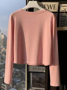 Niche Design Polka Dot & Letter & Star Print Light Pink Short Long Sleeve T-Shirt, High Waist Slimming Autumn Base Layer - Pink - View 2