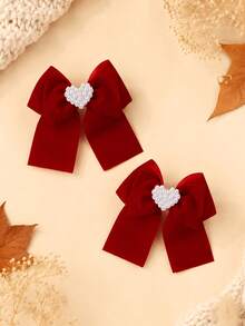 2pcs Bow Hair Clips With Love Pearls For Girls Kids,Elegant Fashion Simple Solid Color Hair Bows,Fall Winter New Year Hair Accessories - Multicolor - View 3