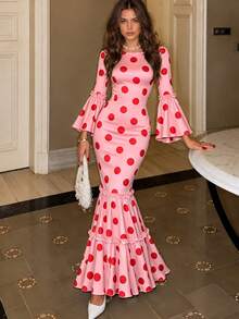 2026 Neues Polka Dot Meerjungfrau Kleid/Vintage elegantes Kleid/Formelles Anlasskleid langes Kleid mit langen Ärmeln/Trompetenärmeln, rundem Ausschnitt, mehrlagigem Rüschensaum, schmaler Passform, Hochzeitsgastkleid, Date-Abendkleid - Pink - Übersicht 3