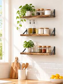 1pc/3pcs Bohemian Style Wooden Wall Hanging Storage Rack, Rustic Multi-Functional Display Shelf, Suitable For Living Room And Bedroom, Home Decor Books And Decorative Items Storage Rack, Ideal For Home, Bedroom, Living Room Wall Decoration - Multicolor - View 3