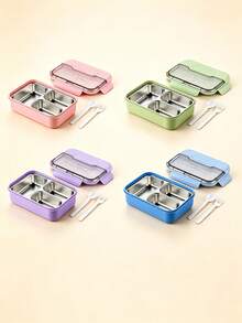 1pc 720ml 304 Stainless Steel Bento Box, 3-Compartment Leak-Proof Food Container With Spoon And Fork, Portable Divided Lunch Box For Students, Office, Picnic, Dishwasher - Multicolor - View 3