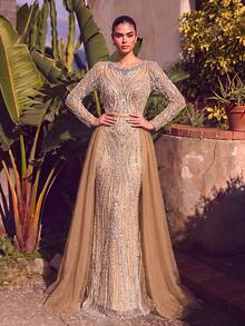 LUVISTRUE Women's Elegant Charming Romantic Round Neck Formal Evening Gown, Mesh Sequin Zipper Design, Mermaid Long Dress For Ball Cocktail Party Gala - Champagne - View 5