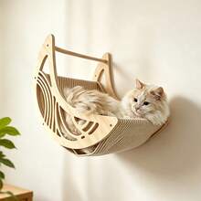 Crescent Moon Cat Hammock, Cat Wall Perch, Wall-Mounted Cat Furniture, Solid Pine Wood Material, Sturdy And Stable Cat Wall Shelf For Sleeping, Playing, Climbing And Resting - Apricot - View 6