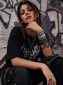 Unisex Multi-Pack Adjustable Pyramid Metal Decor & Heart Lock Star Print Gothic Punk Rock Faux Leather Alloy Bracelet Set All Season - Black - View 2