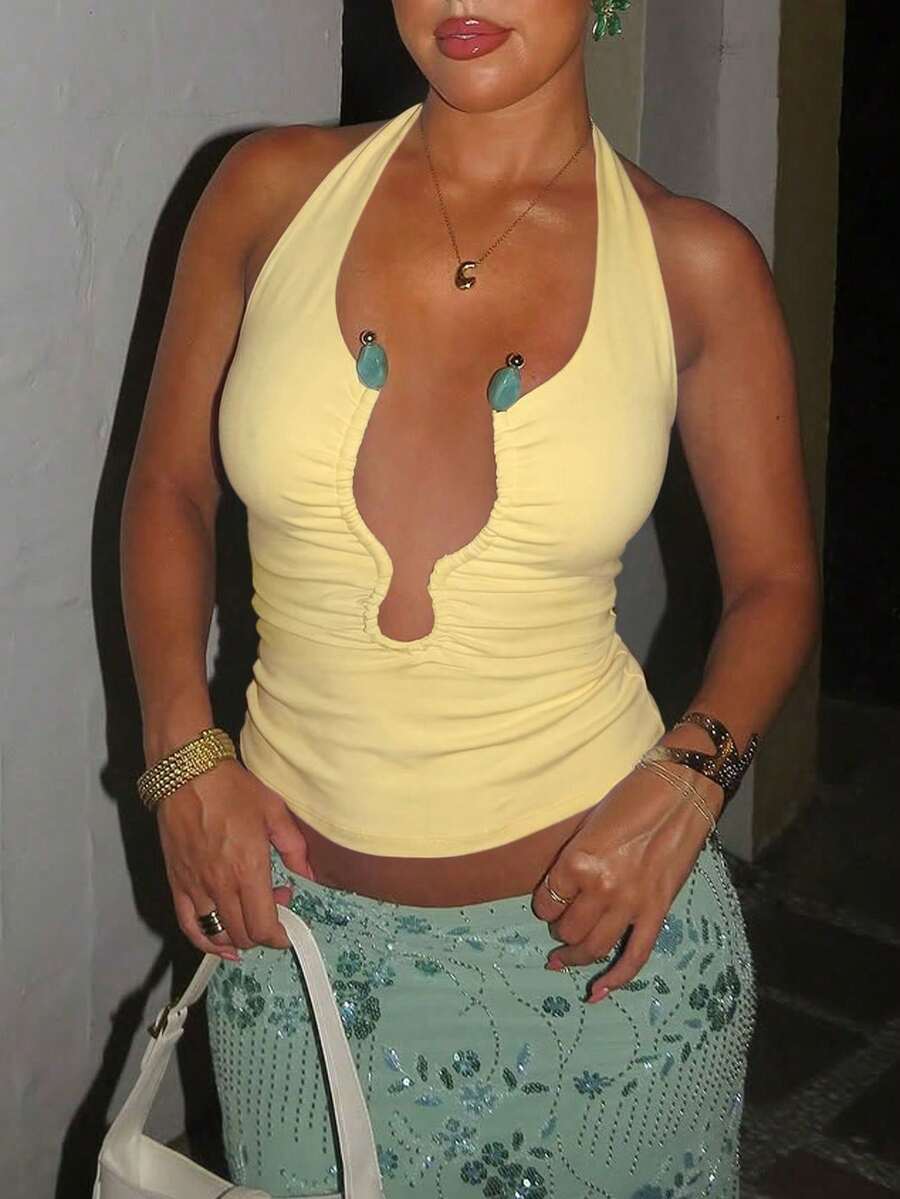 Top de playa para vacaciones sin espalda con cuello halter amarillo de verano - Amarillo - Ver 1