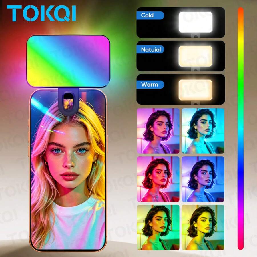TOKQI Portable Mini RGB Fill Light With Clip,LED Mobile Phone Selfie Light,Adjusted 3 Light Brightness,Rechargeable Phone Selfie Lamp,Mini Clip Fill Light For Phone,Camera, Laptop, Light For Phone For Selfie, Video Conference, Vlog,150mAh - Multicolor - View 1