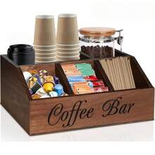 Caja de almacenamiento de madera para barra de café, organizador de rincón de café para encimera, estante de almacenamiento de accesorios de café con múltiples compartimentos, para cápsulas de café, bolsas de té, vasos de papel, pajitas - Color caoba - Ver 2