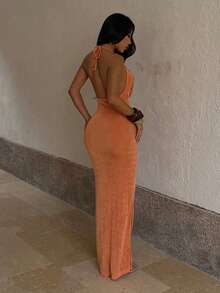 1pc Solid Color Elegant Knit Fabric Dress For Wedding Autumn - Orange - View 3