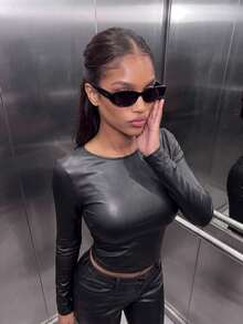 Women's Casual PU Backless Slim Fit Cropped T-Shirts For Winter/Fall Daily Wear,Winter Fall Outfit,Winter Fall Clothes,Going Out,Black - Black - View 2