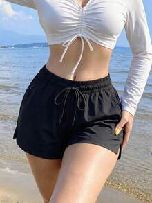 Quần short nữ màu trơn phong cách thường ngày, thể thao fitness, quần chạy bộ co giãn, kiểu cơ bản, phù hợp mặc dạo phố và đi làm phong cách tối giản hàng ngày - màu đen - Xem 4