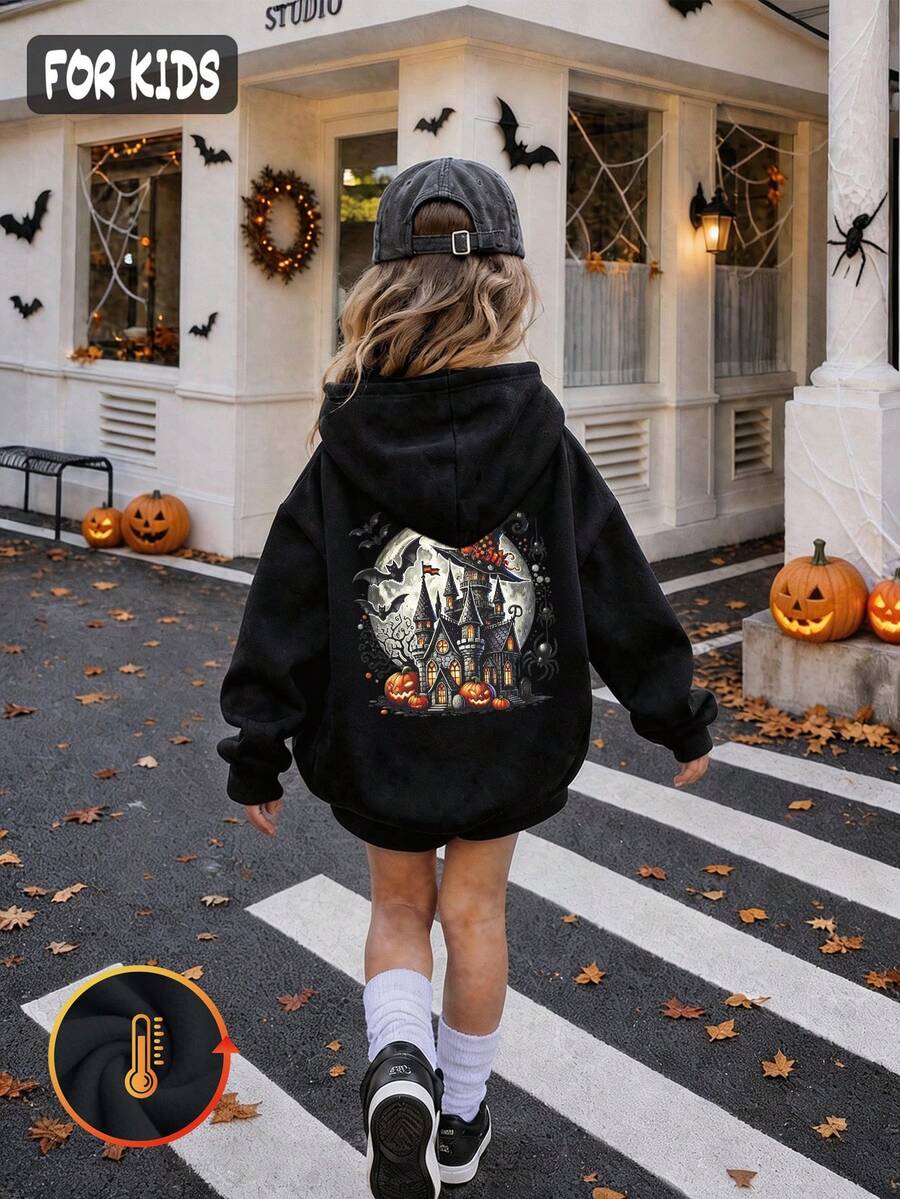 Halloween Autumn Winter Girls' Hooded Fleece Sweatshirt With Castle, Moon, Pumpkin And Bat Print - Black - View 1