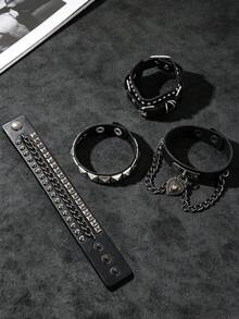 Unisex Multi-Pack Adjustable Pyramid Metal Decor & Heart Lock Star Print Gothic Punk Rock Faux Leather Alloy Bracelet Set All Season - Black - View 7