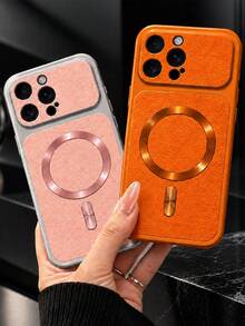 MewTrek Luxury Litchi Texture PU Leather Phone Case, Metal Ring Sticker, Large Camera Opening, Full Coverage Shockproof & Anti-Drop Protective Shell, Compatible With IPhone, Galaxy, Honor, Reno, MOTO - Orange - View 5