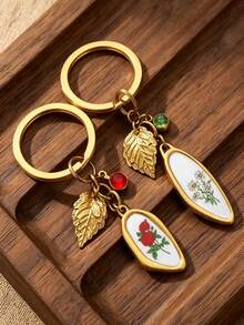 1 móc khóa hoa vintage bằng thép không gỉ trang trí mùa thu, vòng treo chìa khóa charm hoa tráng men kèm mặt dây lá và pha lê, phụ kiện trang trí túi xách dễ thương cho nữ - móc khóa - Xem 6