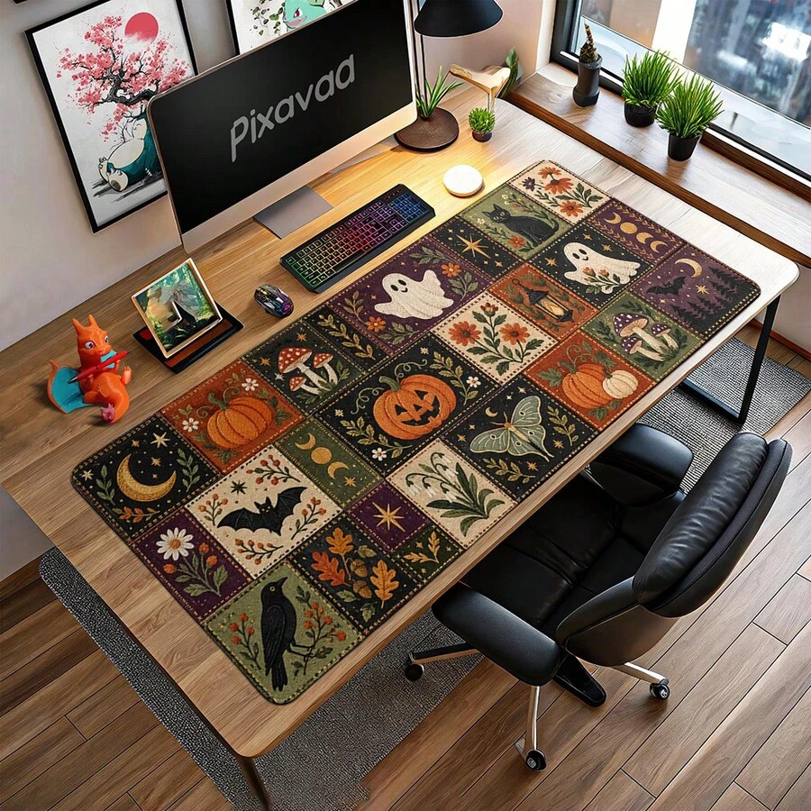 Halloween Embroidered Patchwork Mouse Pad, Ghost Pumpkin Bat Mushroom Moon Folk Art Large Keyboard Desk Mat, Polyester Surface With Non-Slip Rubber Base For Home Office, Study Room, Gaming Desk, Halloween Decor, Autumn Gift - View 1