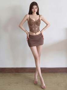 Chic Women's Brown Lace Tank Top Short Cropped Knitted Camisole With Corset Detailing, Sheer And Medium Stretch For A Stylish Look - Brown - View 1