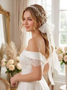 2pcs Set Faux Pearl Floral Hair Comb & Translucent Ribbon Waist Belt, Women's Wedding Bridal Accessories - Multicolor - View 4