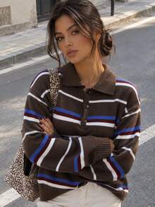 Yuwenier Brown Colorful Striped Polo Collar Knit Sweater Button Front Long Sleeve Loose Casual Pullover Tops For Women Fall Daily Street Outfits - Brown - View 1