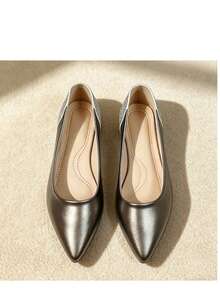 Women's Pointed Toe Shallow Flat Shoes With Rhinestone Heel Patchwork Soft Leather Granny Shoes, Commute Versatile Gentle Fairy Shoes - Dark Grey - View 8