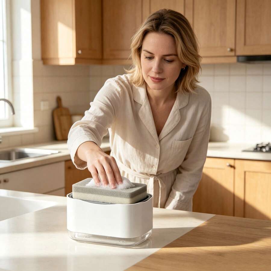 1PC Sponge Soap Dispenser, Manual Press Soap Dispenser, Automatic Kitchen Dishwashing Liquid Dispenser, A Tool Suitable For Home Kitchens, An Ideal , Plastic, Compact Design Suitable For Countertop Or Sink Use, Kitchen Sink Soap Dispenser - One Size Fits All - View 1