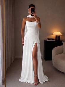 ADYCE Elegant Halter Neck Tie Sweetheart Neckline High Waist Pleated High Slit Backless Floor Length Evening Gown, Suitable For Prom, Birthday, Christmas, Wedding - White - View 1