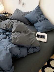 Blue And White Colorblock Washed Cotton Skin-Friendly 3 Pieces Duvet Cover Set, Suitable For Bedroom - Navy Blue - View 6