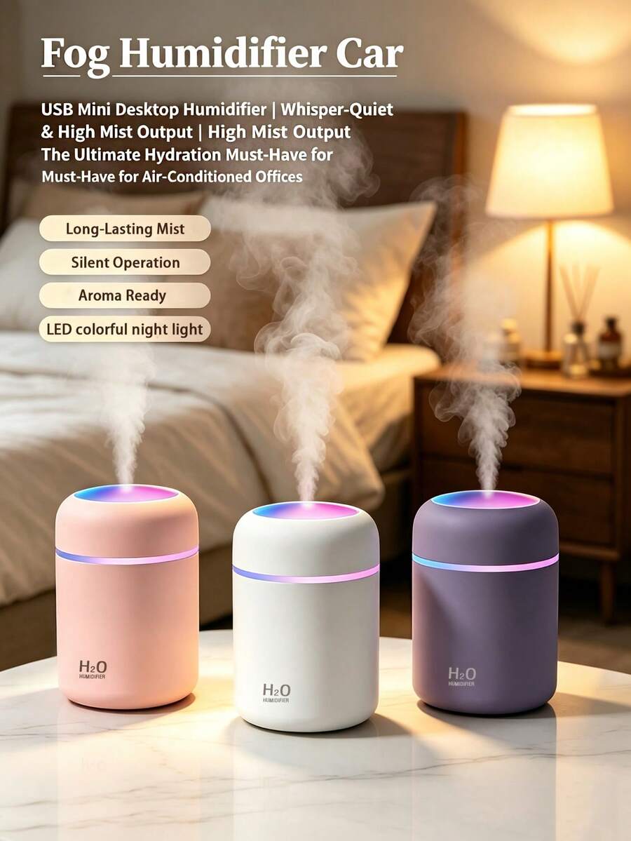 300ml Mini Colorful Car Aromatherapy Humidifier Set, USB Powered Dual Mode, 7-Color LED Light, Quiet Mist, Comes With 5 Essential Oils, Suitable For Car, Bedroom, Living Room, Office Desk, Requires Plug-In, Air Freshening And Hydrating Gift
