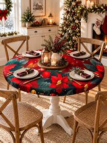 1pc Christmas Round Stretch Table Cloth, Red Green Poinsettia Holly Berry Print Elastic Fitted Tablecloth, Polyester Table Cover For Dining Table, Kitchen Table, Holiday Party, Winter Family Gathering, Indoor Home Decor - Multicolor - View 1