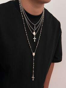 4pcs/Set Multi-Layer Gold Cross & Virgin Mary Round Pendant Men's Necklace, Vintage Y-Shaped Tassel Bead Chain Layered Necklaces, Versatile Accessory For Sweaters & Coats In Autumn/Winter, Gift - 4pcs - View 4