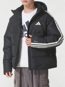 Adidas Men's Striped Down Puffer Jacket With Zipper, Windproof And Warm - Black - View 1