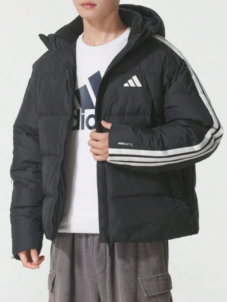 Adidas Men's Striped Down Puffer Jacket With Zipper, Windproof And Warm - Black - View 1