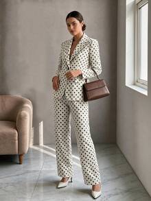 Women's Autumn/Winter Black & White Polka Dot Lapel Elegant Button Front Regular Sleeve Blazer Jacket And Pants 2 Pieces Set - White - View 2