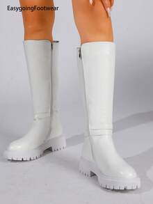 Women's Autumn/Winter Dual Metal Buckle Thick Sole Side Zipper Riding Boots - White - View 5