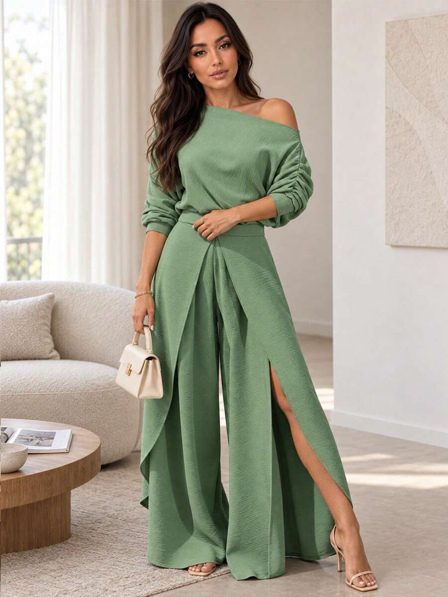 ChicMe 2pcs Women Set, Open Shoulder Batwing Sleeve Top Paired With Elastic Waist Slit Wide Leg Pants, Fashionable Casual Outfit Suitable For Office, Vacation, Party And Other Occasions Spring Elegant - Green - View 1